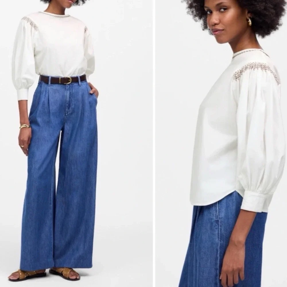 Madewell Embroidered Poplin Balloon-Sleeve Top White Boho Peasant Size‎ L